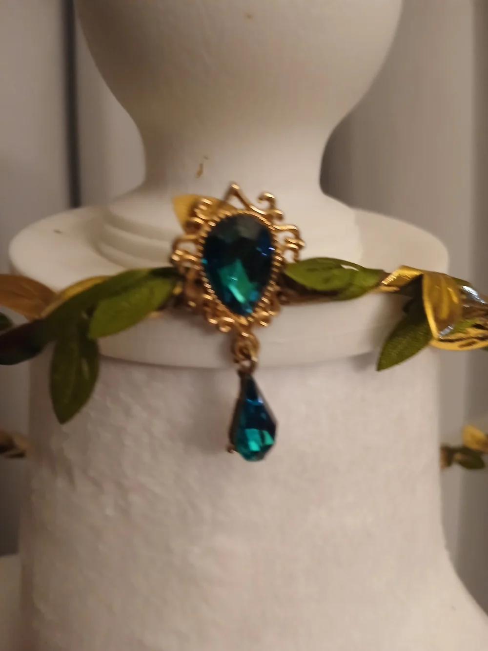 Gold Leaf Crown Necklace with Teardrop Emerald Crystal Festival Fairycore
